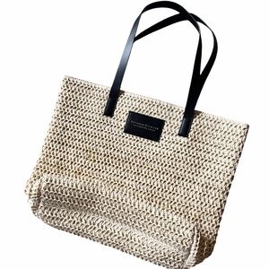 Donna Karan Cashmere Mist Beige Woven Tote Bag with Black Straps